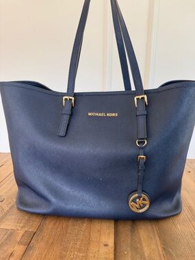 Michael Kors Navy Blue Saffiano Leather Tote with Gold Hardware